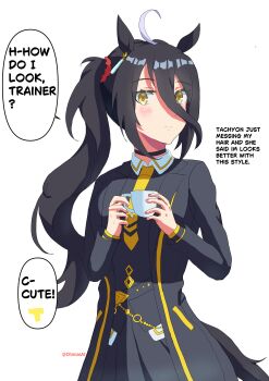 1girl absurdres ahoge alternate_hairstyle animal_ears black_choker black_coat black_skirt blush choker closed_mouth coat commentary cup dhimasat ear_ornament ear_tag earrings english_commentary english_text hair_between_eyes highres holding holding_cup horse_ears horse_girl horse_tail jewelry long_hair_between_eyes manhattan_cafe_(creeping_shadow)_(umamusume) manhattan_cafe_(umamusume) multicolored_hair necktie open_clothes open_coat pleated_skirt ponytail single_earring skirt solo speech_bubble split_mouth t-head_trainer_(umamusume) tail trainer_(umamusume) twitter_username umamusume white_hair yellow_necktie