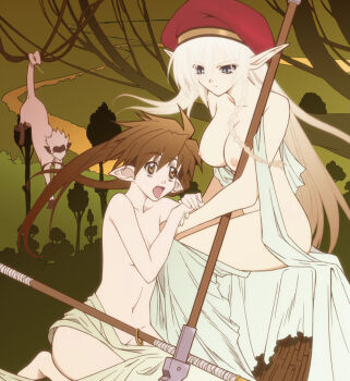 00s 2girls alleyne_(queen's_blade) anime_screenshot beret blonde_hair blue_eyes braid breasts brown_eyes brown_hair elf fighting_master_alleyne forest_keeper_nowa hat highres large_breasts long_hair monkey multiple_girls nipples nowa_(queen's_blade) nude official_art pointy_ears polearm queen's_blade ruu_(queen's_blade) side_braid sitting weapon