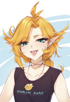 1girl black_tank_top blonde_hair blush clothes_writing collarbone commentary dokibird ear_piercing earrings english_commentary fang feather_hair green_eyes highres indie_virtual_youtuber jewelry long_hair looking_at_viewer necklace piercing pointy_ears ricegnat shirt skin_fang sleeveless sleeveless_shirt solo sweat symbol-only_commentary tank_top tongue tongue_out upper_body virtual_youtuber