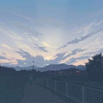 1other bag bird blue_sky building cloud commentary_request day dusk fence field forest from_behind gensuke_(ryun) grass highres house landscape mountain nature original outdoors path pet_walking power_lines road scenery shirt short_hair short_sleeves shoulder_bag sky solo stairs sunset transmission_tower tree walking white_shirt wide_shot