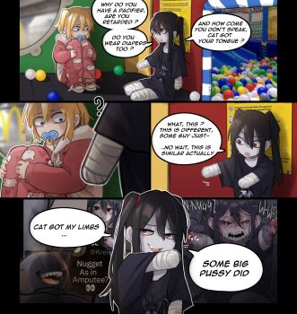 Rule 34 | 1other, 2girls, :d, :o, absurdres, amputee, ball, bandaged arm, bandaged leg, bandages, black hair, black shirt, blonde hair, blood, commentary, crying, english commentary, english text, fang, flying sweatdrops, hair between eyes, highres, hood, hood down, hoodie, long hair, mcdonald's, mimi (popopoka), multiple girls, nugget waifu (popopoka), open mouth, original, pacifier, pale skin, pants, pink pants, popopoka, quadruple amputee, scared, shirt, shoes, short hair, sitting, smile, speech bubble, tears, twintails