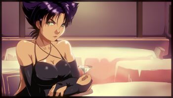 1girl black_dress breasts cleavage cocktail_dress cocktail_glass cup dress drinking_glass green_eyes highres holding holding_cup konoko_(oni) large_breasts lips non-web_source oni_(game) purple_hair raised_eyebrow restaurant round_table short_hair solo table