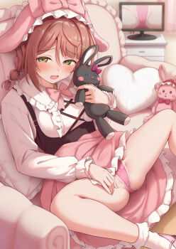 1girl blush bobby_socks bow bowtie braid breasts brown_hair commentary_request frilled_skirt frills green_eyes heart heart-shaped_pillow highres holding holding_stuffed_toy indoors long_sleeves love_live! love_live!_nijigasaki_high_school_idol_club medium_breasts medium_hair open_mouth paid_reward_available panties pillow pink_bow pink_bowtie pink_panties pink_skirt puffy_long_sleeves puffy_sleeves shirt skirt socks solo spread_legs stuffed_animal stuffed_rabbit stuffed_toy toyasu_aina twin_braids uehara_ayumu underwear white_shirt white_socks