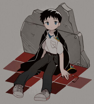 1boy black_hair blue_eyes closed_mouth full_body grey_background grey_pants highres ikari_shinji jacket jacket_on_shoulders male_focus neon_genesis_evangelion pants shirt sitting solo tanba_(tanba-art) tile_floor tiles unworn_eyewear white_shirt