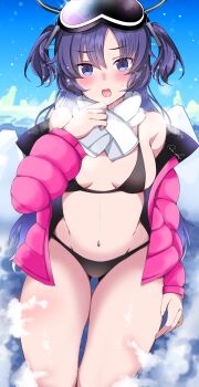 Rule 34 | 1girl, :o, absurdres, bikini, black bikini, blue archive, blue eyes, blush, breasts, commentary request, cosplay, eimi (blue archive), eimi (blue archive) (cosplay), eimi (swimsuit) (blue archive), goggles, goggles on head, halo, highres, jacket, large breasts, long hair, looking at viewer, mechanical halo, navel, necktie, official alternate costume, oi tie, open mouth, padded jacket, pink jacket, purple eyes, purple hair, scarf, ski goggles, solo, stomach, swimsuit, tongue, two side up, white scarf, yuuka (blue archive)