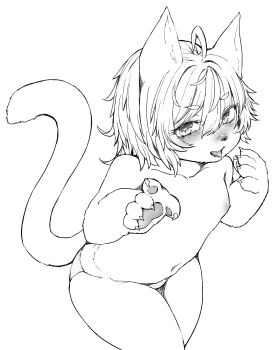 1girl absurdres animal_ears blush breasts cat_ears cat_girl cat_tail furry hawthorn highres lineart looking_at_viewer monochrome navel nipples open_mouth original panties pawpads short_hair simple_background small_breasts solo tail tongue tongue_out topless_female underwear