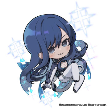 1girl blue_hair blush bodysuit breasts chibi cleavage clothes_writing commentary english_commentary full_body goddess_of_victory:_nikke grey_bodysuit grey_eyes hair_between_eyes highres long_hair looking_at_viewer medium_breasts multicolored_bodysuit no_nose official_art parted_bangs parted_lips raven_(stellar_blade) smile solo stellar_blade totatokeke two-tone_bodysuit very_long_hair