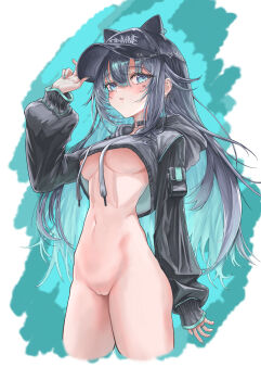 1girl absurdres adjusting_clothes adjusting_headwear animal_hat aqua_background aqua_hair aqua_nails arm_at_side arm_up baseball_cap black_choker black_hair black_hat black_jacket blue_eyes blush bottomless breasts cat_hat censored choker colored_inner_hair commentary cropped_jacket cropped_legs ear_piercing earrings facial_tattoo ghost199033 hat heart heart_in_eye heart_tattoo highres jacket jewelry linked_piercing long_hair long_sleeves medium_breasts multicolored_hair navel no_bra o-ring o-ring_choker original parted_lips piercing pussy ring safety_pin scribble_censor solo standing stomach symbol_in_eye tattoo two-tone_hair underboob white_background