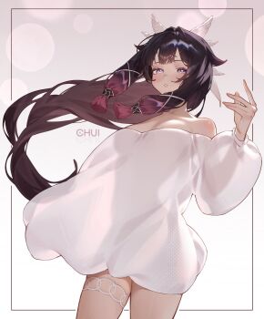 1girl alternate_costume bare_shoulders black_hair bright_pupils chui_art columbina_(genshin_impact) dress genshin_impact hashtag-only_commentary head_wings highres long_hair multicolored_hair puffy_sleeves purple_eyes purple_hair see-through_clothes see-through_dress streaked_hair unusually_open_eyes very_long_hair white_dress white_pupils white_wings wings