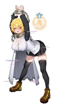 1girl absurdres black_skirt black_thighhighs blonde_hair breasts brown_shoes commentary_request don_quixote_(project_moon) hair_between_eyes highres korean_commentary large_breasts layer_(layer_illust) limbus_company looking_at_viewer medium_hair project_moon shirt shoes skirt solo thighhighs thighs white_background white_shirt yellow_eyes