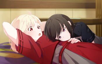 2girls aotsubaki_toto arm_pillow arms_up belt black_hair blonde_hair bob_cut closed_mouth commentary_request dress emblem head_on_chest indoors inoue_takina lycoris_recoil lycoris_uniform lying multicolored_dress multiple_girls nishikigi_chisato on_back open_mouth pleated_dress purple_eyes red_belt red_dress red_eyes scene_reference short_hair short_sleeves