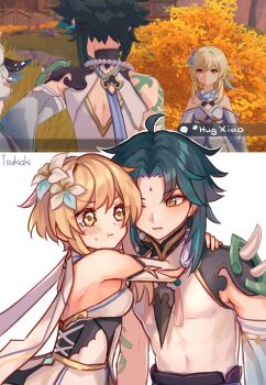 Rule 34 | 1boy, 1girl, ahoge, arm tattoo, armor, asymmetrical clothes, blonde hair, commentary, crying, dress, elbow gloves, english commentary, eyeshadow, facial mark, fingerless gloves, flower, forehead mark, genshin impact, gloves, green hair, hair between eyes, hair flower, hair ornament, highres, hug, lumine (genshin impact), makeup, orange eyes, paimon (genshin impact), parted bangs, pouty lips, red eyeshadow, scarf, screencap, short hair with long locks, shoulder armor, shoulder spikes, sidelocks, sleeveless, sleeveless dress, slit pupils, spikes, tattoo, tsukiaki teriyaki, white dress, white flower, white gloves, white scarf, xiao (genshin impact), yellow eyes