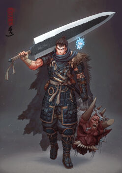 1boy alternate_costume alternate_hairstyle armor artist_name baggy_pants bandaged_arm bandages belt_pouch berserk black_armor black_hair broken_horn cape closed_mouth cuirass decapitation demon extra_faces extra_horns eyepatch facing_viewer fairy frown glowing greatsword grey_hair guts_(berserk) haidate hand_wraps helmet holding holding_detached_head holding_sword holding_weapon horns japanese_armor japanese_clothes kabuto_(helmet) kenji893 kote kunai kusazuri looking_at_viewer male_focus muscular muscular_male one_eye_closed open_mouth over_shoulder pants pants_tucked_in pouch prosthesis prosthetic_arm puck_(berserk) samurai sandals sash scar scar_on_arm scar_on_face scar_on_nose sheath sheathed short_sword shoulder_armor simple_background sleeves_rolled_up sode stab straw_cape suneate sword tabi tantou toned toned_male topknot wakizashi waraji weapon weapon_over_shoulder