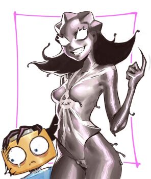 1girl black_bodysuit black_hair bodysuit breasts cowboy_shot crossover effy_neprin highres marvel medium_hair mega_man_(series) mega_man_legends_(series) parted_lips servbot_(mega_man) sharp_teeth simple_background small_breasts smirk solo_focus teeth tron_bonne_(mega_man) venom_(marvel) white_background