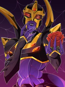 1girl arthropod_limbs black_lips blackarachnia breasts colored_skin corporealbox decepticon flower glowing glowing_eyes highres humanoid_robot medium_breasts purple_skin red_eyes red_flower red_rose robot robot_girl rose silk solo spider_web transformers transformers_animated