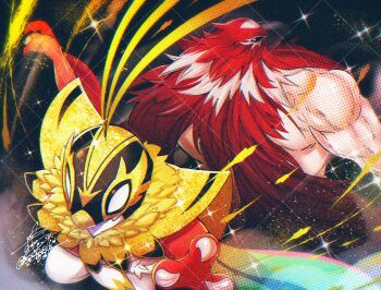 1boy animal_head bird bird_mask blank_eyes boots claws fatal_fury fatal_fury:_city_of_the_wolves furry gen_6_pokemon hawlucha highres luchador luchador_mask male_focus mask mega_hawlucha mega_pokemon muscular muscular_male nintendo pectorals plume pokemon pokemon_(creature) simple_background snk spandex sudachi0315 tizoc_(snk) topless_male wing_cape wrestler wrestling wrestling_mask wrestling_outfit