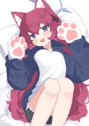 Rule 34 | 1girl, absurdres, animal ear fluff, animal ears, animal hands, anma21, black shorts, blue archive, blue halo, blue hoodie, blush, cat ears, fake animal ears, feet out of frame, gloves, grey eyes, hair between eyes, halo, hands up, highres, hood, hoodie, iroha (blue archive), knees up, long hair, long sleeves, looking at viewer, lying, on back, open mouth, paw gloves, paw pose, pillow, red hair, shorts, simple background, solo, very long hair, wavy hair, white background