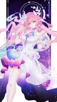 1girl aqua_hair bare_shoulders breasts bridal_veil chinese_commentary commentary_request cyrene_(demiurge)_(honkai:_star_rail) cyrene_(honkai:_star_rail) diamond-shaped_pupils diamond_(shape) dress earrings falling_petals flower hair_flower hair_ornament halo highres honkai:_star_rail honkai_(series) jewelry large_breasts lin_yu_jin long_hair looking_at_viewer multicolored_hair petals pink_hair pointy_ears purple_eyes sky smile solo star_(sky) starry_sky symbol-shaped_pupils veil very_long_hair white_dress white_hair