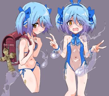 1girl backpack bag bandaid bare_shoulders bikini blue_bow blue_hair blush bow bowtie commentary_request cosmic_break cross crying crying_with_eyes_open flat_chest ghost hair_between_eyes hair_ribbon hand_on_another&#039;s_shoulder looking_at_viewer nina_(cosmic_break) open_mouth playboy_bunny randoseru ribbon scared see-through_clothes shaking shitagani short_hair swimsuit tears v white_wrist_cuffs will-o&#039;-the-wisp_(mythology) wrist_cuffs yellow_eyes