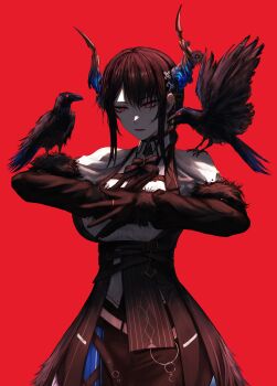 1girl absurdres bare_shoulders bird black_hair blue_hair blush breasts chainsaw_man clothing_cutout colored_inner_hair crow crystal_horns demon_horns feather-trimmed_jacket flower gloves hair_ornament highres hololive hololive_english horn_flower horns kizuru09 large_breasts long_hair looking_at_viewer mole mole_under_eye multicolored_hair nerissa_ravencroft nerissa_ravencroft_(1st_costume) red_eyes ribbed_shirt shirt shoulder_cutout tassel tassel_hair_ornament two-tone_hair virtual_youtuber