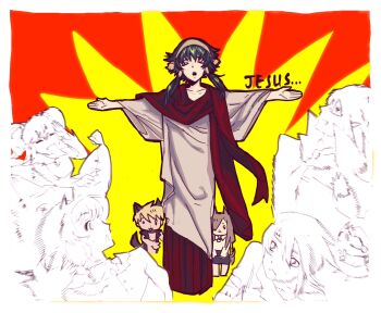 Rule 34 | 3girls, 4boys, animal ears, anise tatlin, blonde hair, brown choker, brown hair, cat ears, cat tail, choker, closed eyes, coat, commentary, cosplay, creature, demon horns, dress, english commentary, fang, fangs, full body, glasses, green hair, guy cecil, hairband, halloween, halloween costume, highres, horns, ion (tales), jade curtiss, jesus, jesus (cosplay), long hair, luke fon fabre, mieu (tales), motion blur, multiple boys, multiple girls, natalia luzu kimlasca lanvaldear, omake, open mouth, outstretched arms, pointy ears, red scarf, robe, scarf, shirt, short hair, short hair with long locks, standing, tail, tales of (series), tales of the abyss, tear grants, twintails, upper body, vampire, white robe, wide sleeves, wolf ears, wolf tail, ybee (auecoe y)