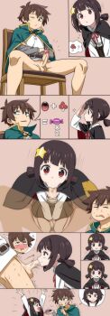 1boy 1girl :>= age_difference black_cloak bottomless brown_background brown_hair candy censored cloak clueless comic erection fellatio food gokkun green_cloak hetero highres hippo_power imagining komekko kono_subarashii_sekai_ni_shukufuku_wo! loli long_hair low_twintails megumin mosaic_censoring mushroom oral penis red_eyes revision salute satou_kazuma shirt short_hair short_twintails silent_comic simple_background twintails white_shirt