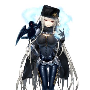 1girl armor bird black_corset black_gloves black_hat black_pants black_scarf braid braided_sidelocks breasts cleavage corset crow fur_hat fur_scarf giuniu gloves grey_hair hat hat_ornament large_breasts long_hair morrigan_rufei pants red_eyes scarf shoulder_armor smile solo uchi_no_hime-sama_ga_ichiban_kawaii white_background