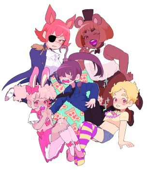 5girls animal_ears animification bad_id bad_tumblr_id bear_ears bib blush bonnie_(fnaf) buck_teeth chica dark-skinned_female dark_skin eyebrows eyepatch fang five_nights_at_freddy's food fox_ears foxy_(fnaf) freddy_fazbear gender_request genderswap hair_over_eyes hand_on_own_hip highres hook_hand kneehighs mike_schmidt multiple_girls no_eyes one_eye_closed open_mouth pantyhose personification pizza rabbit_ears security_guard socks striped_clothes striped_legwear striped_thighhighs teeth thighhighs tokimekiwaku white_legwear