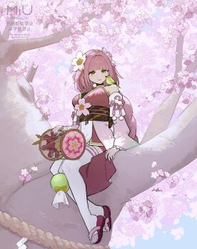 1girl bare_shoulders bird breasts cherry_blossoms detached_sleeves flower green_bird green_eyes hair_flower hair_ornament highres in_tree japanese_clothes large_breasts long_hair long_sleeves miu_(miuuu_721) pink_flower pink_hair rune_factory rune_factory:_guardians_of_azuma sitting sitting_in_tree smile tree ulalaka wide_sleeves