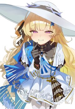 1girl absurdres bilingual_commentary black_gloves blonde_hair blush commentary cowboy_shot english_commentary finger_to_mouth gem gloves hair_ribbon hat highres long_hair looking_at_viewer mixed-language_commentary open_mouth phoebe_(wuthering_waves) pleated_skirt purple_eyes ribbon setakman shirt simple_background skirt smile solo wavy_hair white_background white_hat white_shirt white_skirt wuthering_waves