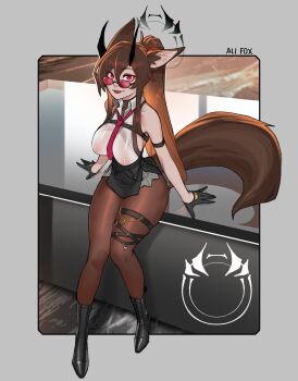 1girl :p absurdres animal_ear_fluff animal_ears arm_strap black_boots black_gloves black_halo boots breasts brown_hair brown_pantyhose commentary english_commentary fox_ears fox_girl fox_tail full_body gloves grey_background hair_between_eyes half_gloves halo highres horns large_breasts less long_hair looking_at_viewer necktie nipples on_table original pantyhose ponytail red-tinted_eyewear red_eyes red_necktie reflective_table see-through_clothes see-through_shirt shirt sidelocks simple_background sitting smile solo sunglasses table tail thigh_strap tinted_eyewear tongue tongue_out very_long_hair wing_collar