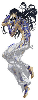 Rule 34 | 1boy, absurdres, arm tattoo, bare legs, barefoot, black hair, blue tattoo, closed eyes, closed mouth, dated, feet, full body, highres, leg tattoo, long hair, lying, male focus, mole, mole under mouth, norei 0, on side, original, pectorals, signature, solo, tattoo, topless male, white background