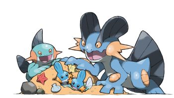 animal_focus blacknirrow commentary english_commentary evolutionary_line fins gen_3_pokemon highres looking_down marshtomp mudkip nintendo no_humans open_mouth pokemon pokemon_(creature) rock sand seashell shell smile swampert white_background
