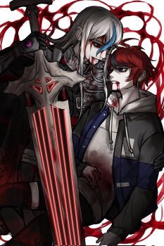 1boy 1girl ahoge armor black_hair bleeding bleeding_from_mouth bleeding_from_stomach blood blood_from_forehead blood_on_clothes blood_on_face blue_hair dying highres holding holding_sword holding_weapon long_hair messy_hair multicolored_hair red_background red_hair simple_background sumino_takumi sword the_hundred_line_-last_defense_academy- v'ehxness weapon white_background white_hair