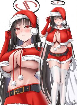 1girl belt black_hair blue_archive blunt_bangs blush breasts capelet cleavage commentary english_commentary gloves gzanth hat highres holding holding_sack large_breasts long_hair looking_at_viewer midriff multiple_views red_eyes red_gloves red_skirt rio_(blue_archive) sack santa_hat simple_background skirt smile thighhighs underboob very_long_hair white_background white_thighhighs