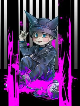 Rule 34 | 1boy, ball and chain restraint, beanie, belt, between fingers, black belt, black hat, black jacket, black pants, black shoes, blood, blood on clothes, blue eyes, blue pants, blush stickers, brown hair, buttons, cigarette, collared jacket, commentary request, danganronpa (series), danganronpa v3: killing harmony, evil smile, fake horns, full body, half-closed eye, hand on own hip, hat, holding, holding cigarette, horned headwear, horns, hoshi ryoma, iron bars, jacket, lapels, layered sleeves, leather, leather jacket, long sleeves, looking at viewer, male focus, monokuma, notched lapels, open mouth, pants, pink blood, pool of blood, print headwear, prison, prison clothes, riyuta, shoes, short hair, short male, single ankle cuff, sleeves past wrists, smile, solo, teeth, two-tone pants, wrist belt, zipper