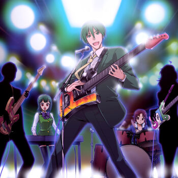 00s 2boys 3girls :d akizuki_ryo band_(music) bass_guitar black_thighhighs blazer bow drum drum_set green_eyes green_hair guitar headset hoshii_miki idolmaster idolmaster_(classic) idolmaster_dearly_stars instrument ishikawa_minori jacket keyboard_(instrument) lights microphone microphone_stand mole mole_under_mouth multiple_boys multiple_girls necktie on_stage open_mouth otonashi_kotori ozaki_reiko performance producer_(idolmaster) red_eyes short_hair silhouette smile stage_lights striped_necktie striped_neckwear t-hiko takagi_jun&#039;ichirou thighhighs