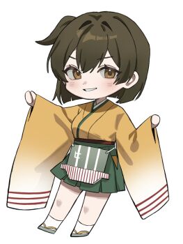1girl blush breasts brown_eyes brown_hair chibi chibi_only commentary_request full_body green_hakama grin hair_between_eyes hakama hakama_skirt hiryuu_(kancolle) japanese_clothes kantai_collection kimono long_sleeves looking_at_viewer one_side_up orange_kimono short_hair simple_background skirt smile solo white_background wide_sleeves yakizakana_(sakana_u_u)