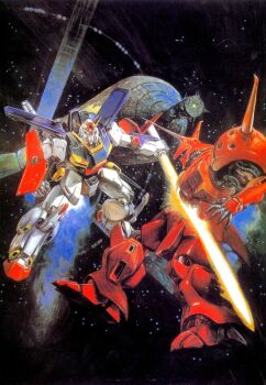 Rule 34 | battle, energy sword, energy sword, gundam, gundam zz, highres, mecha, official art, r-jarja, robot, science fiction, space, space habitat, sword, takani yoshiyuki, weapon, zz gundam
