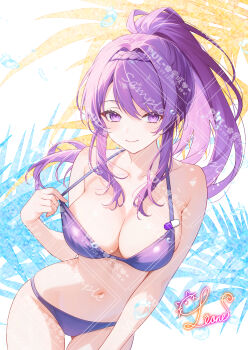 1girl absurdres bare_arms bare_shoulders bikini braid breasts cleavage closed_mouth collarbone commentary_request cowboy_shot gluteal_fold halterneck high_ponytail highres large_breasts leone_(kamina0205) long_hair looking_at_viewer navel original ponytail pulling_own_clothes purple_bikini purple_eyes purple_hair sample_watermark sidelocks smile solo stomach strap_pull string_bikini swimsuit too_many_watermarks watermark