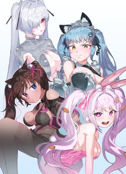 absurdres alice_(nikke) alice_(wonderland_bunny)_(nikke) animal_ears apron armpit_cutout bare_shoulders bell bikini black_bikini blue_eyes blue_hair blush bodysuit bow bowtie breasts carrot_hair_ornament cat_ears cat_girl chest_harness cinderella_(nikke) cleavage clothing_cutout detached_collar dress fake_animal_ears fingerless_gloves food-themed_hair_ornament gloves goddess_of_victory:_nikke grey_bodysuit hair_ornament hair_over_one_eye hair_ribbon harness heterochromia highres large_breasts leotard long_hair looking_at_viewer maid maid_apron maid_headdress multicolored_bikini name_tag_hair_ornament neck_bell nero_(nikke) one_eye_covered open_mouth osushirinda pantyhose paw_hair_ornament pink_bow pink_bowtie pink_eyes pink_leotard playboy_bunny privaty_(nikke) privaty_(unkind_maid)_(nikke) rabbit_ears red_eyes ribbon see-through_bodysuit see-through_clothes simple_background smile strapless strapless_leotard swimsuit thighhighs twintails two-tone_bikini very_long_hair white_background white_hair white_pantyhose white_wrist_cuffs wrist_cuffs yellow_eyes