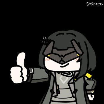 Rule 34 | 1girl, animated, animated gif, arknights, arknights: endfield, artist name, black coat, black hair, blindfold mask, blush, chibi, chibi only, closed mouth, coat, endministrator (arknights), female endministrator (arknights), grey shirt, long sleeves, lowres, mask, medium hair, open clothes, open coat, seseren, shirt, simple background, smile, solo, sticker (medium), thumbs up, transparent background, upper body