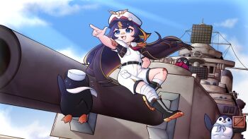 1girl bird black_boots black_hair black_jacket blonde_hair blue_eyes blue_sky boots day full_body hand_on_own_hip hat index_finger_raised indie_virtual_youtuber jacket jacket_on_shoulders konan_exe long_hair looking_afar military_vehicle multicolored_boots multicolored_hair multicolored_jacket open_mouth outdoors penguin penguin_girl petite pointing ship shirt short_sleeves shorts sitting sky solo_focus thick_eyebrows toko_(vtuber) two-tone_boots two-tone_hair two-tone_jacket virtual_youtuber warship watercraft white_hat white_shirt white_shorts yellow_boots yellow_jacket