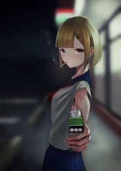 1girl absurdres afe. blonde_hair blue_skirt cigarette_pack commentary_request convenience_store earrings hair_ornament hairclip highres holding holding_cigarette_pack jewelry looking_at_viewer necktie night original outdoors parking_lot red_eyes school_uniform shirt shop short_hair skirt sky smoking solo standing stud_earrings tobacco upper_body white_shirt
