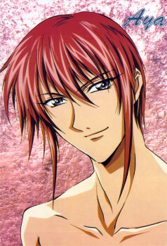 1boy absurdres closed_mouth collarbone fujimiya_ran hair_between_eyes highres light_smile looking_at_viewer magazine_scan male_focus neck non-web_source official_art portrait purple_eyes red_hair scan solo upper_body weiss_kreuz