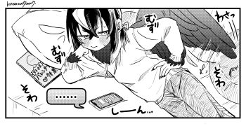 Rule 34 | 1boy, absurdres, aki (korisumochi), bird wings, blush, cellphone, commentary request, feathered wings, fingernails, greyscale, hand on own hip, harpy boy, highres, hood, hood down, hoodie, korisumochi, lying, male focus, monochrome, monster boy, neck feathers, on bed, on side, original, phone, pillow, sharp fingernails, short hair, smartphone, solo, text messaging, translation request, wing flapping, wings