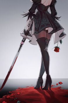 1girl 2b_(nier:automata) back_cutout black_boots black_dress black_gloves black_thighhighs blood bloody_weapon boots chinese_commentary clothing_cutout commentary crossed_legs dress elbow_gloves feather-trimmed_sleeves flower from_below gloves head_out_of_frame high_heels highres holding holding_flower holding_sword holding_weapon ikooto111 implied_death juliet_sleeves katana lace-up_boots legs long_sleeves lower_body median_furrow nier:automata nier_(series) pool_of_blood print_dress puffy_sleeves red_flower red_petals red_rose rose short_dress shoulder_blades side_slit skindentation solo sword tassel thigh_boots thighhighs two-tone_gloves virtuous_contract watson_cross weapon white_gloves