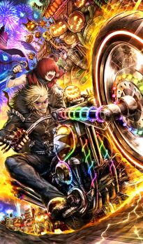 2boys aerial_fireworks bare_arms belt black_gloves black_jacket black_pants blonde_hair cigarette commentary driving dutch_angle fate/grand_order fate_(series) feather-trimmed_jacket fingerless_gloves fireworks gloves glowing golden_bear_(fate) hair_over_eyes halloween holding holding_kunai holding_weapon jack-o&#039;-lantern jacket k-suwabe kunai leather leather_jacket lightning long_sleeves male_focus motor_vehicle motorcycle mouth_hold multiple_boys night official_art on_motorcycle open_mouth outdoors pants purple-tinted_eyewear red_hair red_scarf reverse_grip riding sakata_kintoki_(fate) sakata_kintoki_(rider)_(fate) scarf short_hair sky sleeveless smile smoking spiked_jacket spiked_knuckles sunglasses teeth third-party_source tinted_eyewear weapon