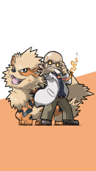Rule 34 | 1boy, adjusting eyewear, arcanine, bald, belt, black belt, blacknirrow, blaine (pokemon), blue shirt, brown pants, brown shoes, coat, commentary, english commentary, facial hair, fangs, fire, gen 1 pokemon, hand on eyewear, highres, lab coat, mustache, necktie, nintendo, open clothes, open coat, open mouth, orange background, orange necktie, pants, pokemon, pokemon (creature), pokemon lgpe, round eyewear, shirt, shoes, simple background, standing, two-tone background, white background, white coat, white hair