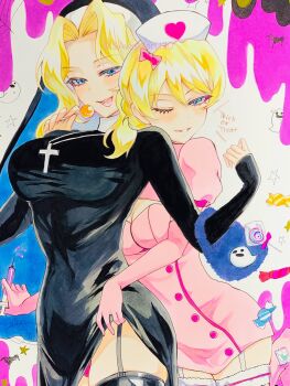 2girls ;) bag black_thighhighs blonde_hair bow braid breasts candy clenched_teeth cross cross_necklace darjeeling_(girls_und_panzer) detached_sleeves dress food ghost girls_und_panzer gloves hair_bow halloween halloween_costume handbag hat highres holding holding_syringe jewelry kay_(girls_und_panzer) large_breasts lollipop long_sleeves multiple_girls nape_braid necklace nun nurse nurse_cap one_eye_closed open_mouth pink_bow pink_dress puffy_short_sleeves puffy_sleeves rubber_gloves sawamaru30 short_sleeves smile syringe teeth thighhighs traditional_media traditional_nun upper_teeth_only white_thighhighs yuri